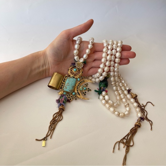 Handmade Gold Pleated Ottoman Freshwater Pearl Necklace Pendant Silk turquoise - Picture 1 of 16